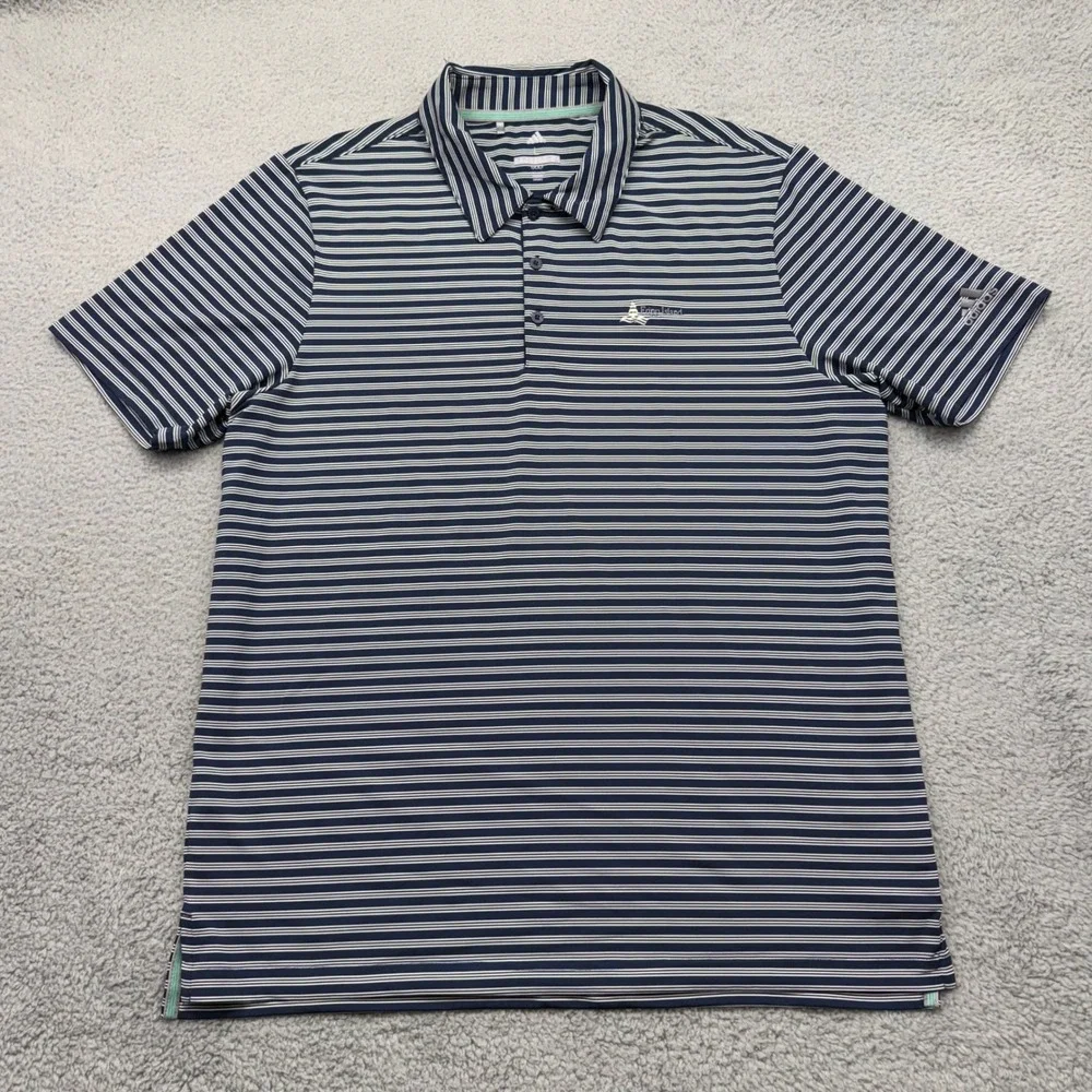 Adidas CD3364 Mens Size Large Navy Striped S/S Stretch Golf Polo Shirt A2B001